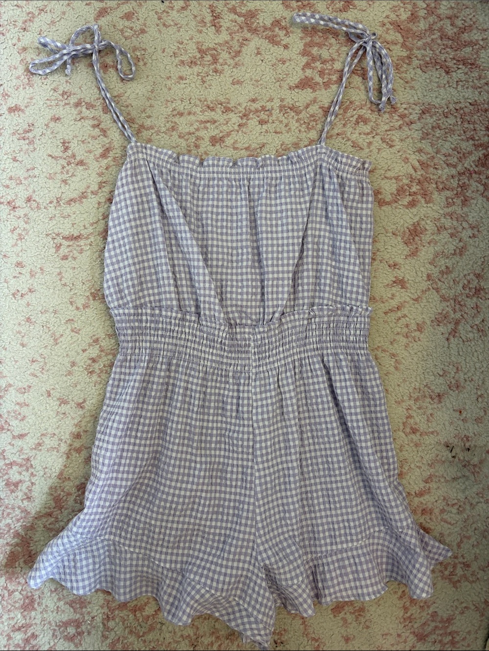 Smocked Waist Gingham Tie-Strap Romper - Lavender
